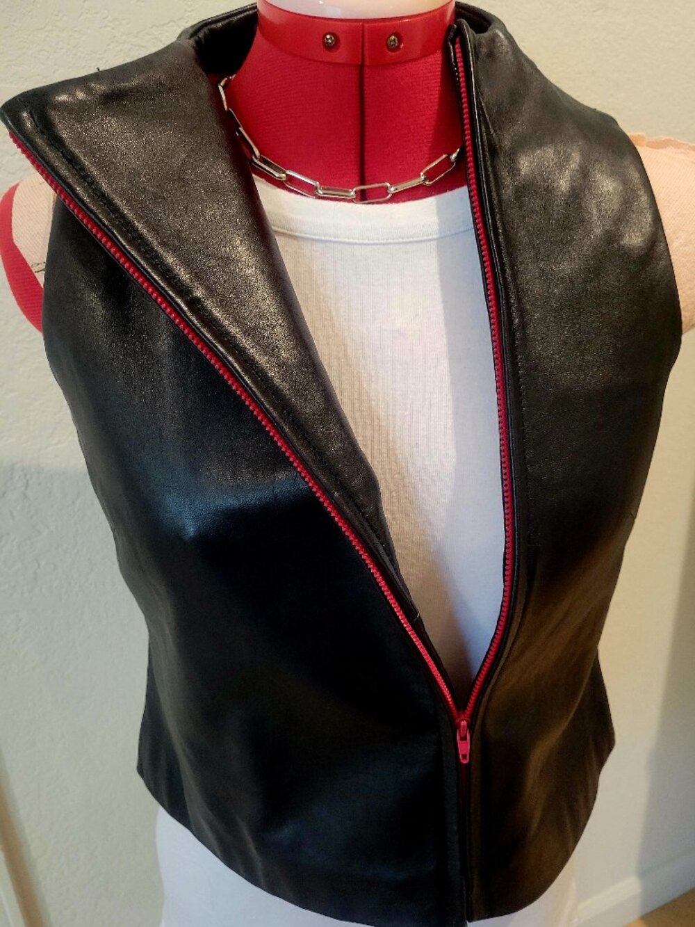 Genuine Black Leather Vest Womens Red Zip & Lining